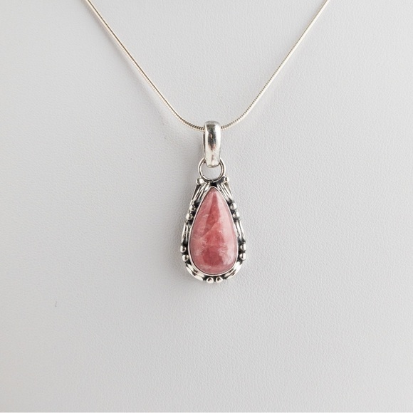 Sterling Silver Pink Rhodochrosite Teardrop Pendant Chain Necklace Inca Rose 925 - Picture 7 of 9